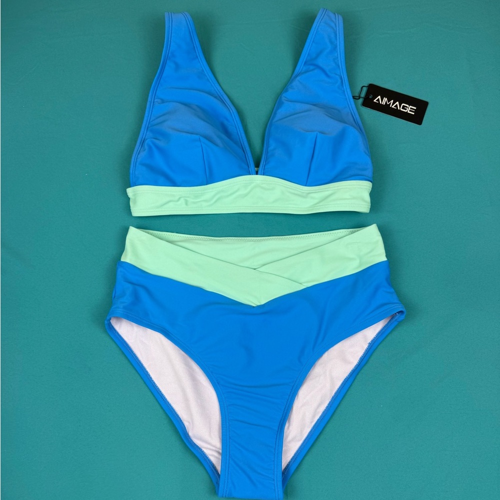 AI’MAGE Women’s Bikini Set Blue Green High Waisted V Neck Two Piece NWT Size S